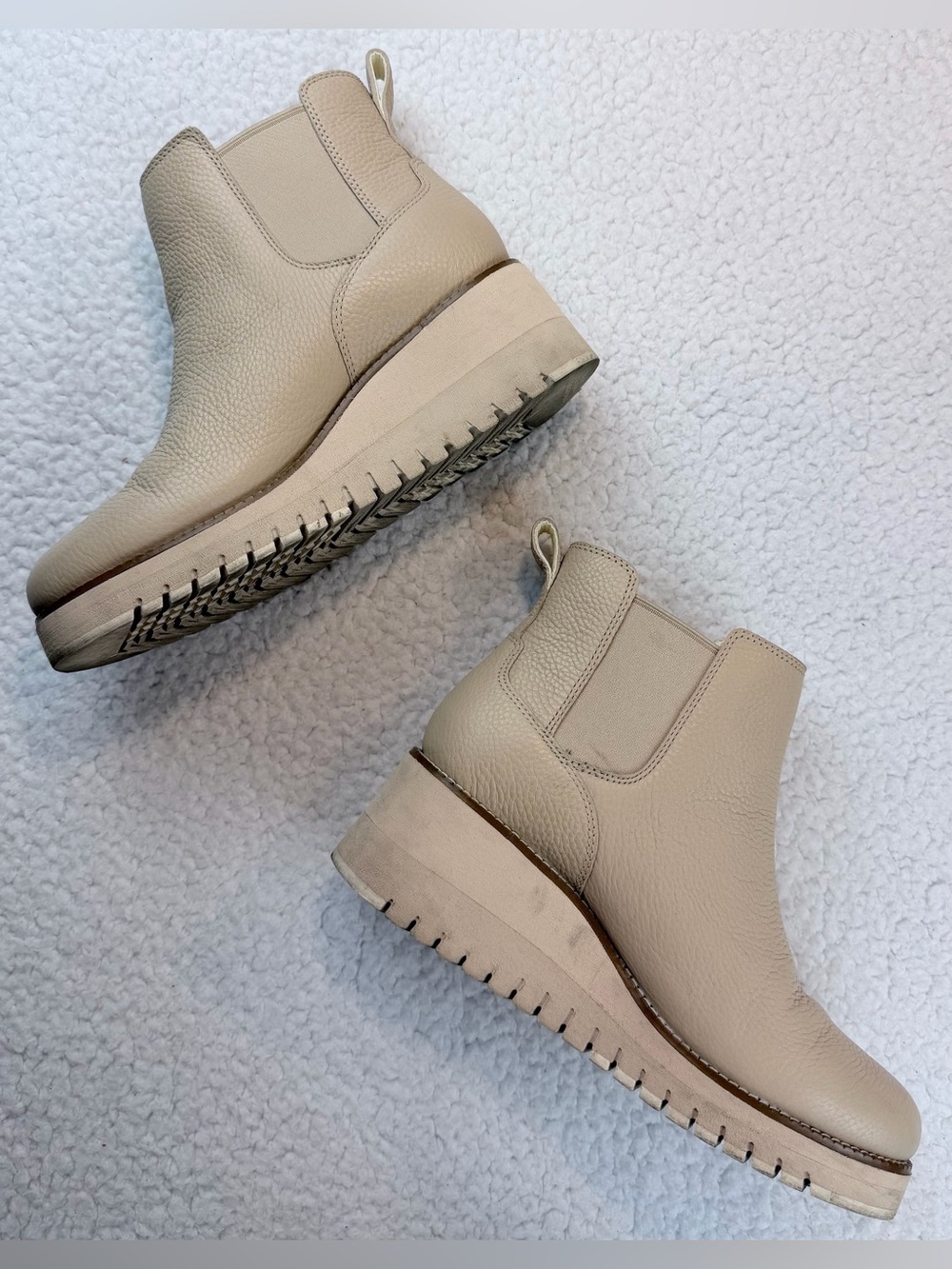 COLE HAAN • Zerogrand Beige/Cream Pebble Leather Chelsea Wedge Ankle Booties, 7 - Picture 13 of 16
